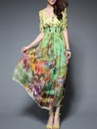 Shein Multicolor V Neck Half Sleeve Print Maxi Dress