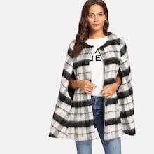Shein Button Front Faux Fur Plaid Cape Coat