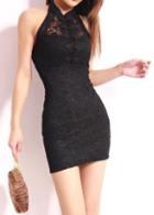 Rosewe Sexy Button Decoration Open Back Lace Dress Black