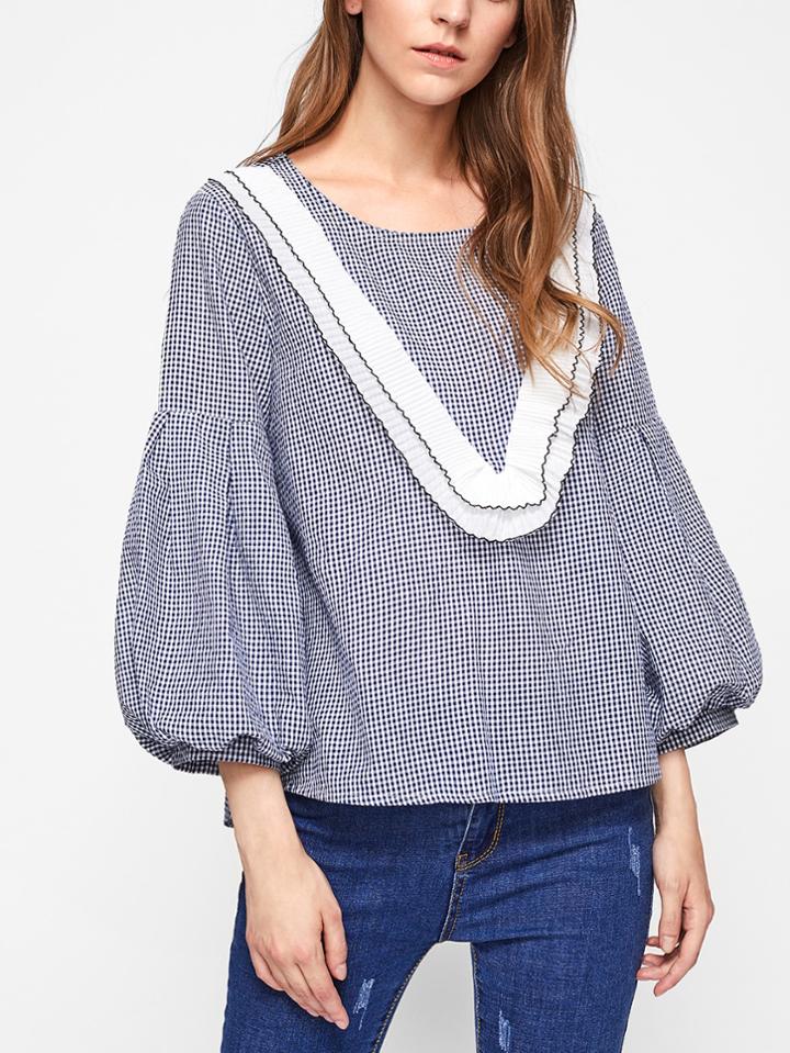 Shein Lantern Sleeve Frill Trim Gingham Blouse