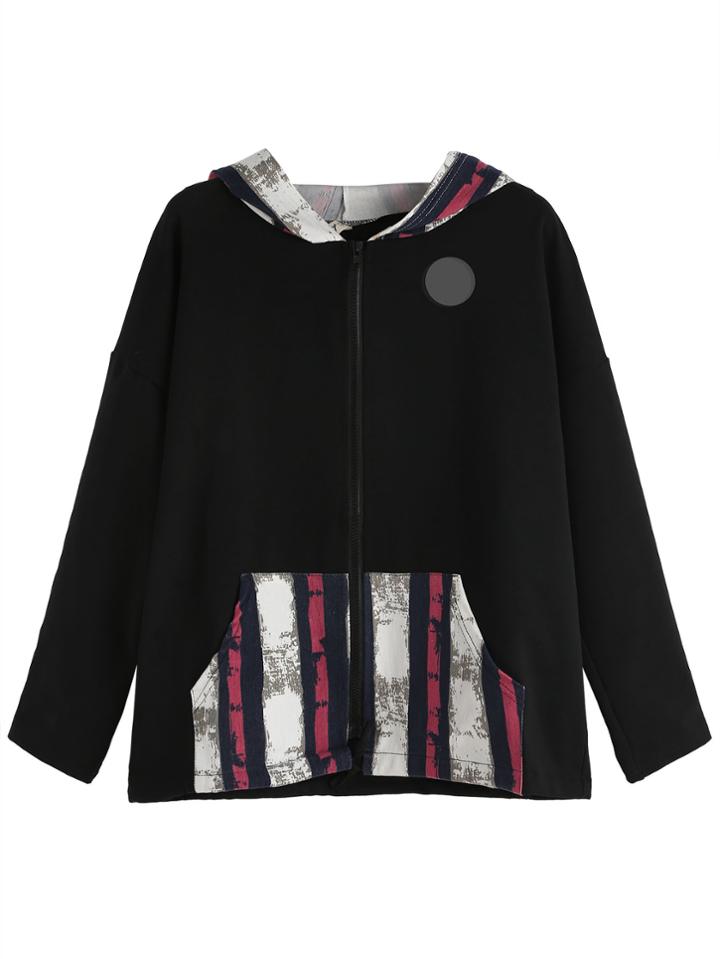 Shein Black Drop Shoulder Contrast Pocket Hooded Coat