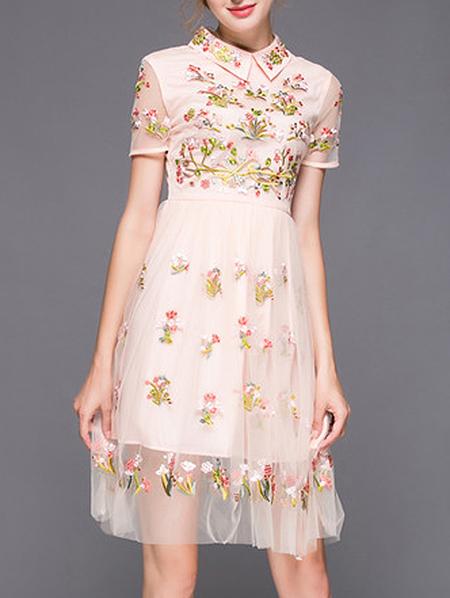Shein Apricot Lapel Gauze Embroidered A-line Dress