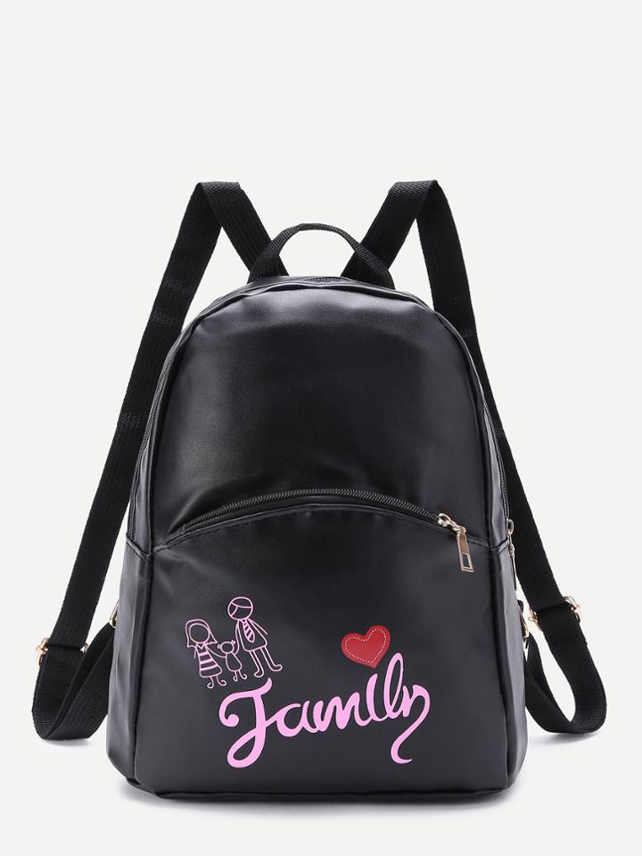Shein Letter And Cartoon Print Pu Backpack
