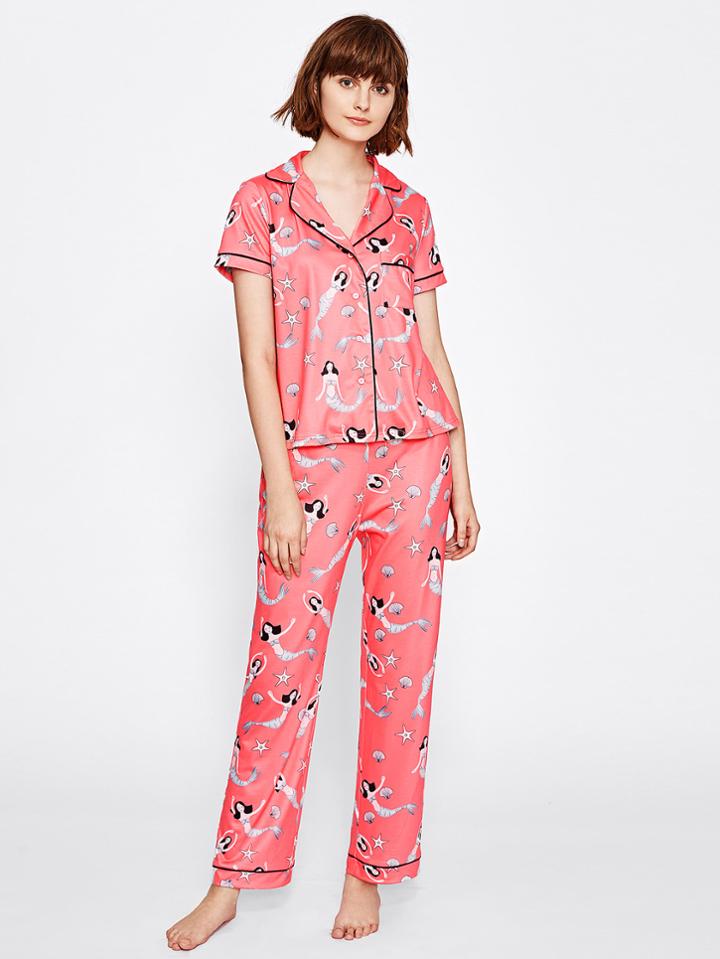 Shein Tipping Detail Mermaid Print Shirt And Pants Pajama Set