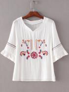 Shein White V Neck Bell Sleeve Embroidery Blouse