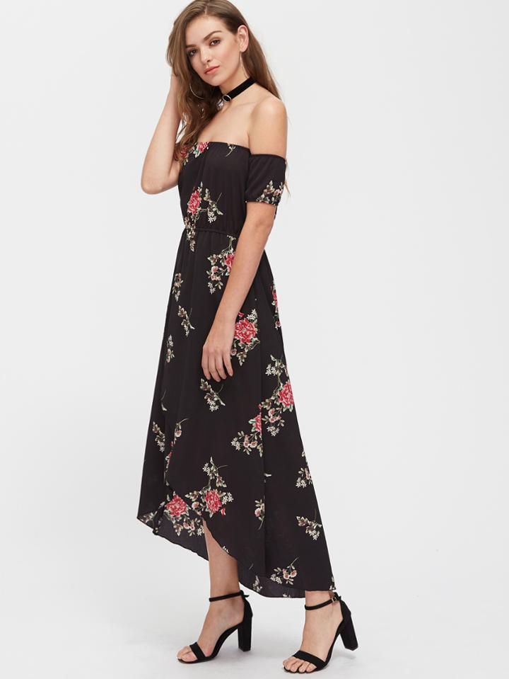 Shein Flower Print Surplice Front Bardot Dress