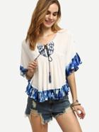 Shein White Tassel Tie Embroidered Tie-dye Ruffle Hem Blouse