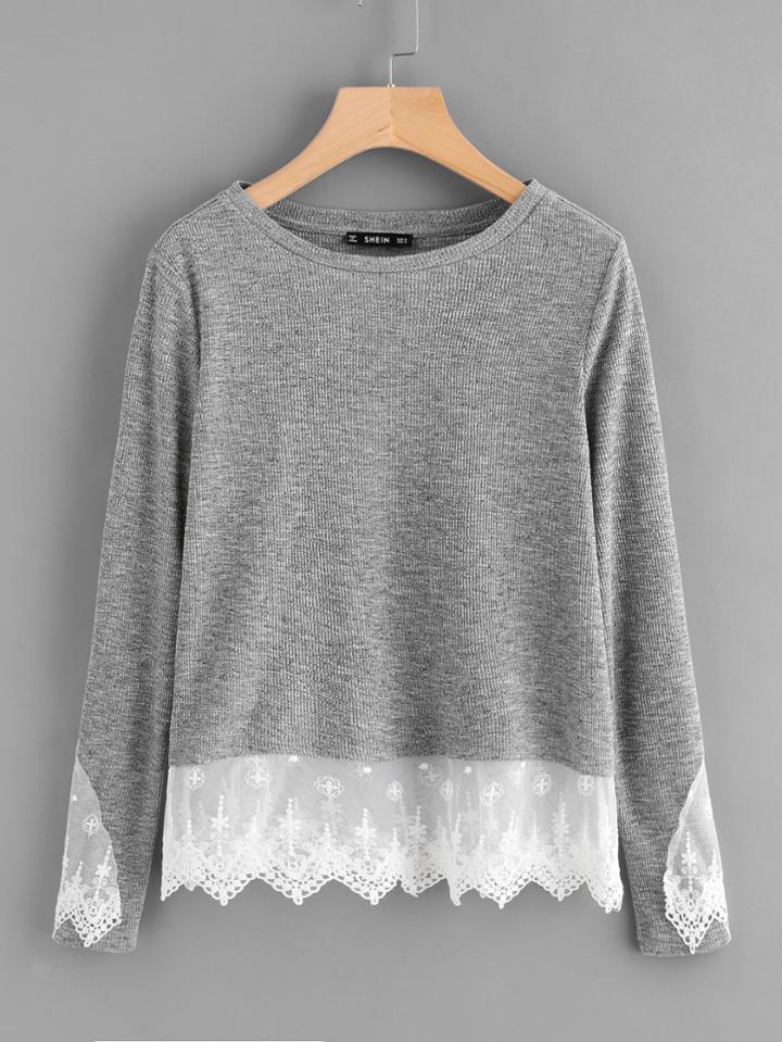 Shein Embroidered Mesh Trim Ribbed Top