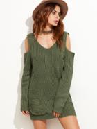 Shein Olive Green Cold Shoulder Ripped Sweater Dress
