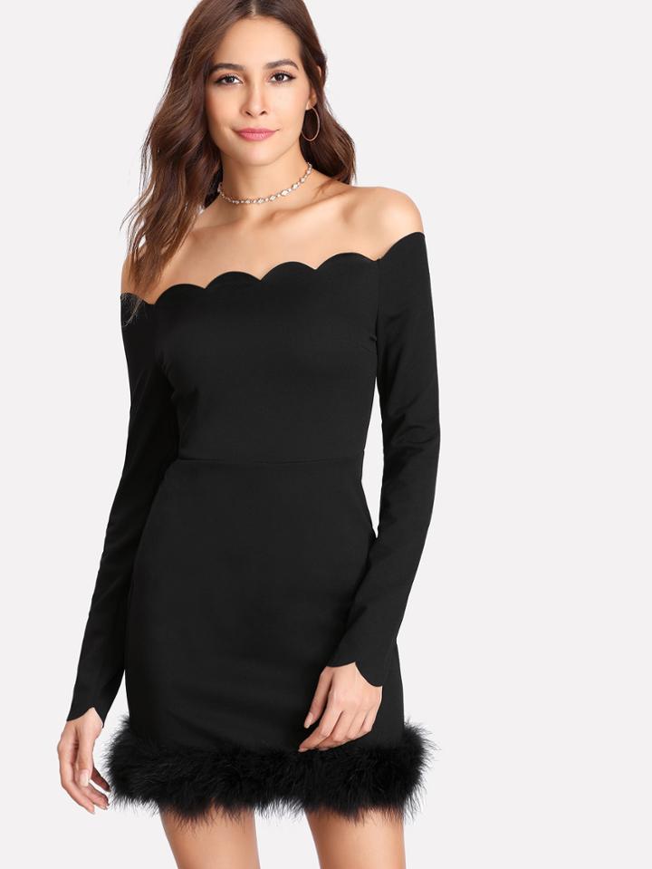 Shein Scalloped Trim Faux Fur Hem Bardot Dress