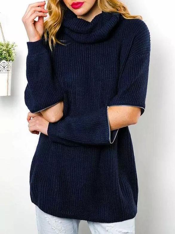 Shein Navy High Neck Zipper Loose Sweater