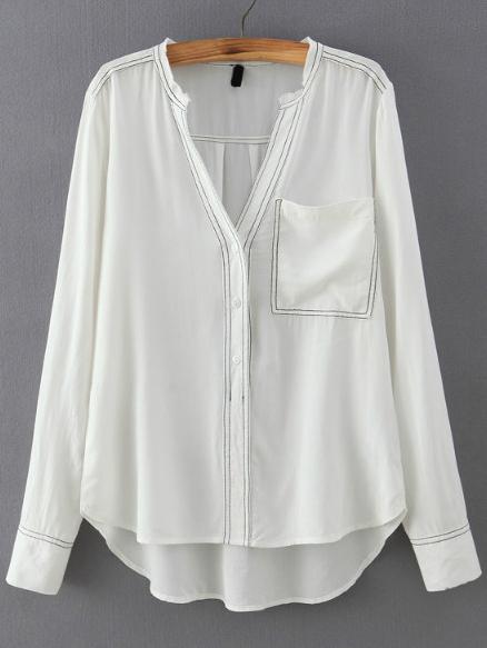 Shein White V Neck Pocket Loose Blouse