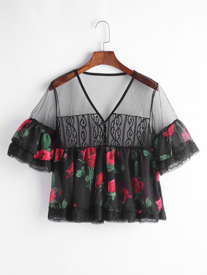 Shein Floral Print Mesh Paneled Frill Blouse