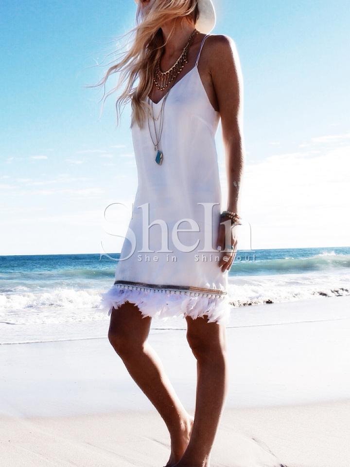 Shein White Spaghetti Strap Tassel Dress