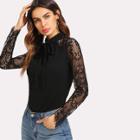 Shein Tie Neck Raglan Lace Sleeve Top