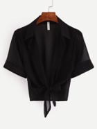Shein Black Lapel Short Sleeve Knotted Blouse