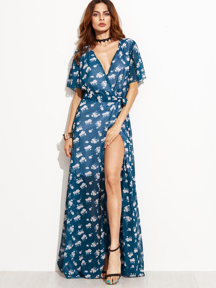Shein Blue Florals Deep V Neck Self Tie Chiffon Dress