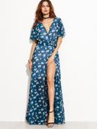 Shein Blue Florals Deep V Neck Self Tie Chiffon Dress