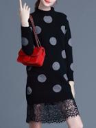Shein Black Polka Dot Knit Contrast Lace Dress