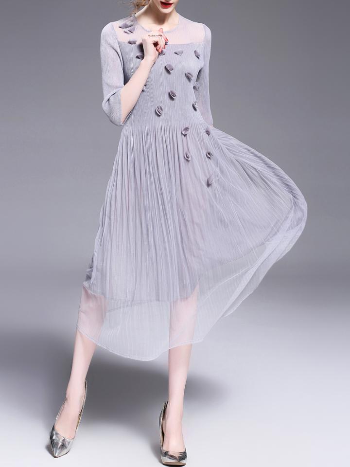 Shein Flowers Applique Sheer Pleated Dress