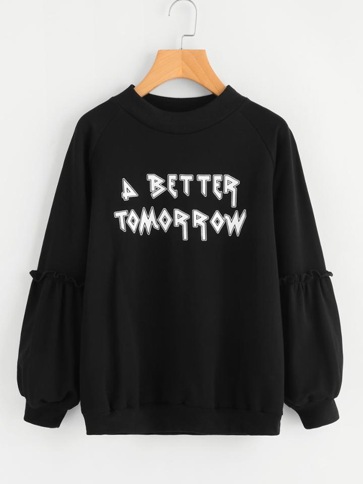 Shein Slogan Print Frill Trim Sweatshirt