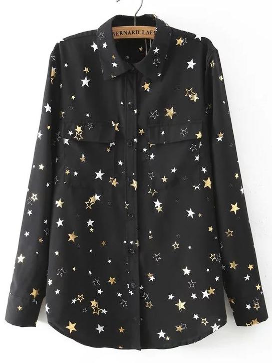 Shein Stars Print Black Blouse With Pockets