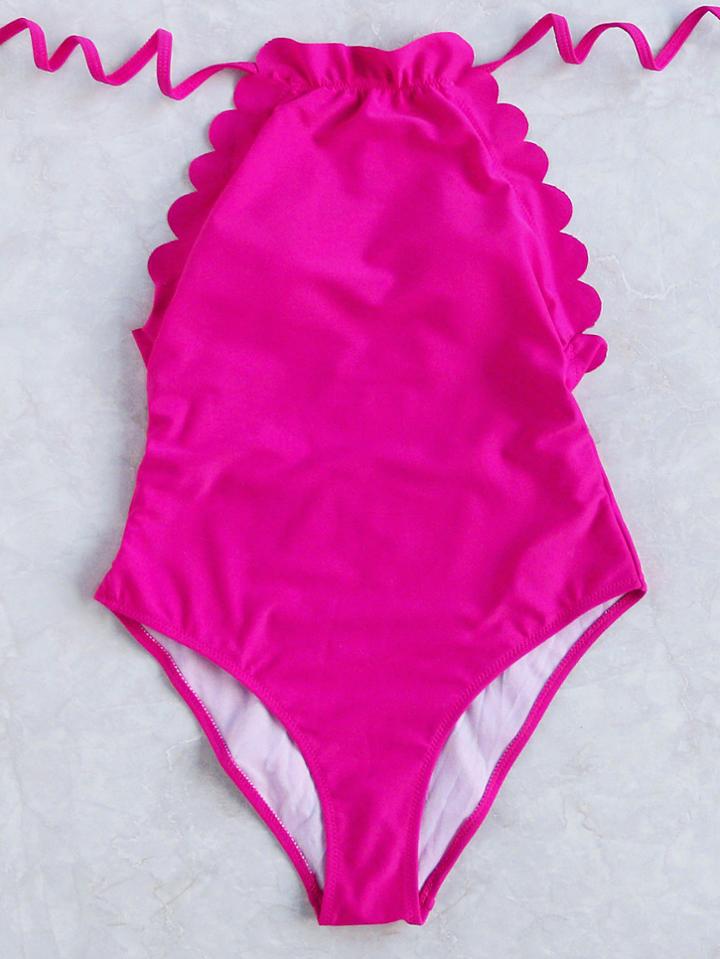Shein Hot Pink Scalloped Trim One-piece Swimwear