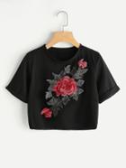 Shein Rose Embroidered Appliques Crop Tee