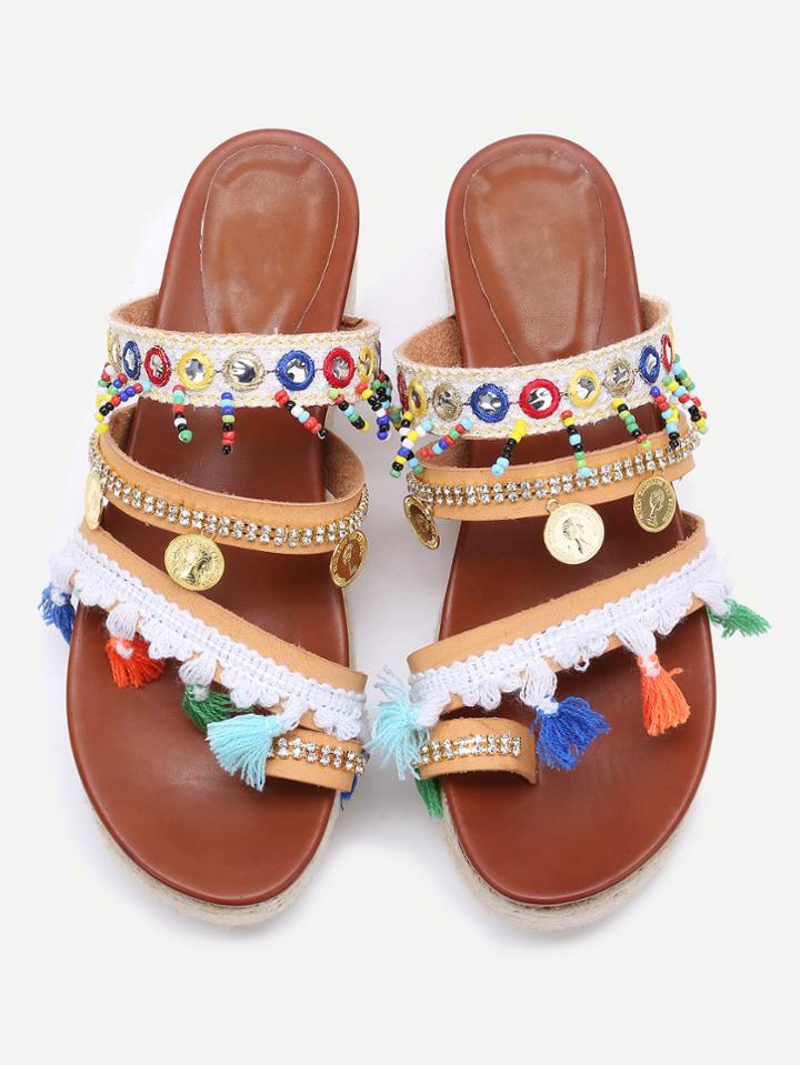 Shein Apricot Open Toe Coin Fringe Trim Flatform Sandals