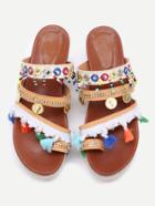 Shein Apricot Open Toe Coin Fringe Trim Flatform Sandals