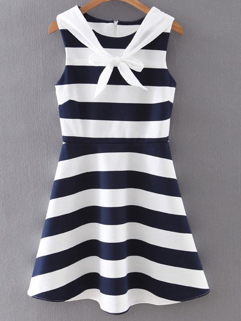 Shein Navy Sleeveless Self-tie Bow Stripe Skater Dress