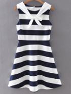 Shein Navy Sleeveless Self-tie Bow Stripe Skater Dress