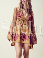 Shein Multicolor V Neck Vintage Print Hollow Dress