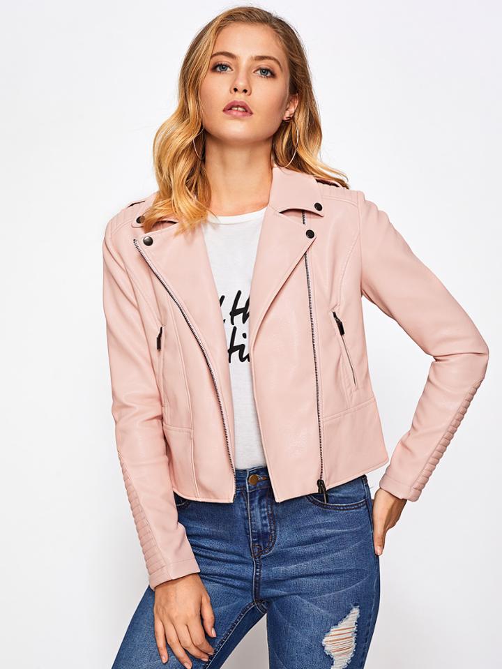 Shein Asymmetric Zipper Quilted Sleeve Pu Jacket