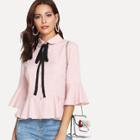 Shein Tie Neck Flounce Sleeve Peplum Shirt