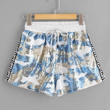 Shein Drawstring Waist Letter Tape Side Camo Print Shorts