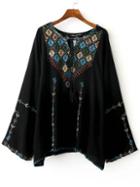 Shein Black Embroidery Slit Sleeve Tie Blouse