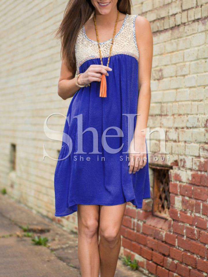 Shein Blue Sleeveless Pockets Colorblock Casual Dress