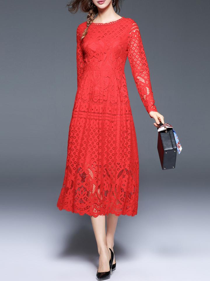 Shein Red Embroidered A-line Lace Dress