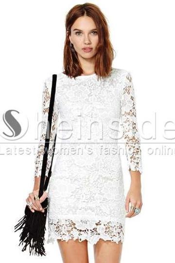 Shein White Long Sleeve Floral Crochet Lace Dress