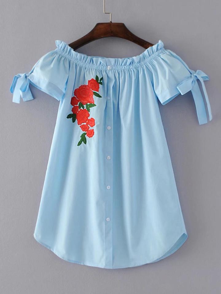 Shein Boat Neckline Bow Tie Cuff Embroidery Dress