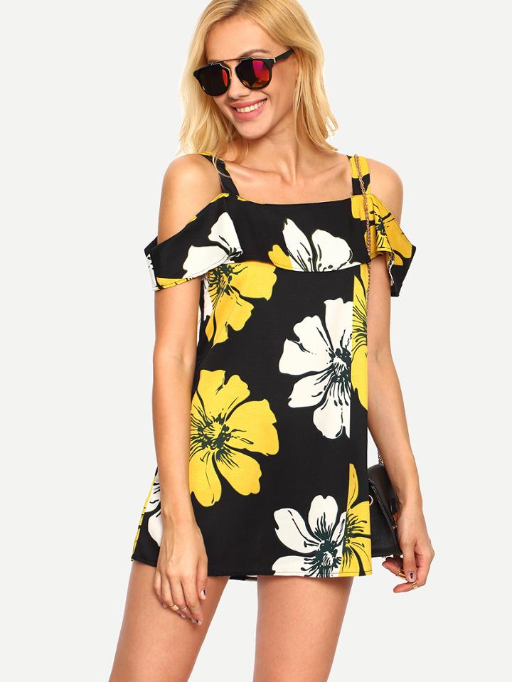 Shein Cold Shoulder Florals Ruffle Dress