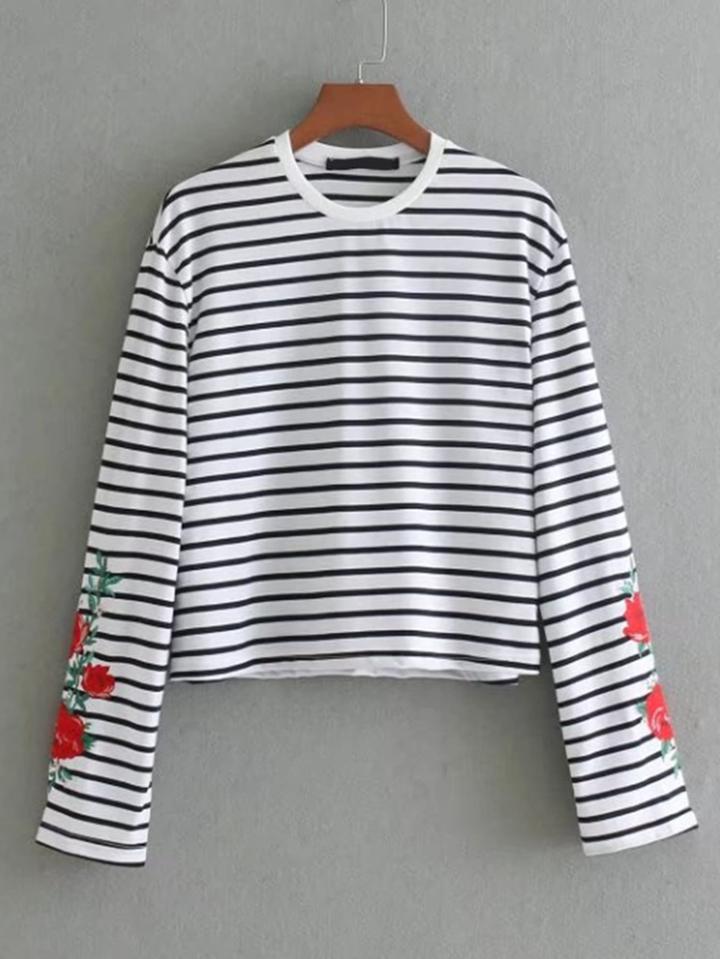 Shein Embroidered Flower Striped Top