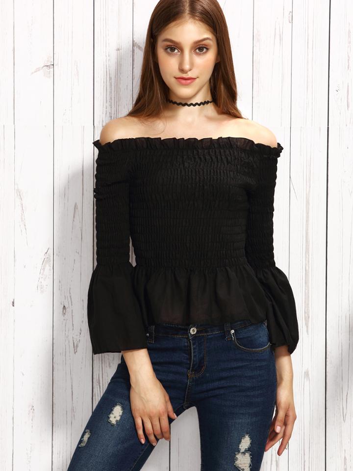 Shein Black Off The Shoulder Bell Sleeve Smocked Peplum Top