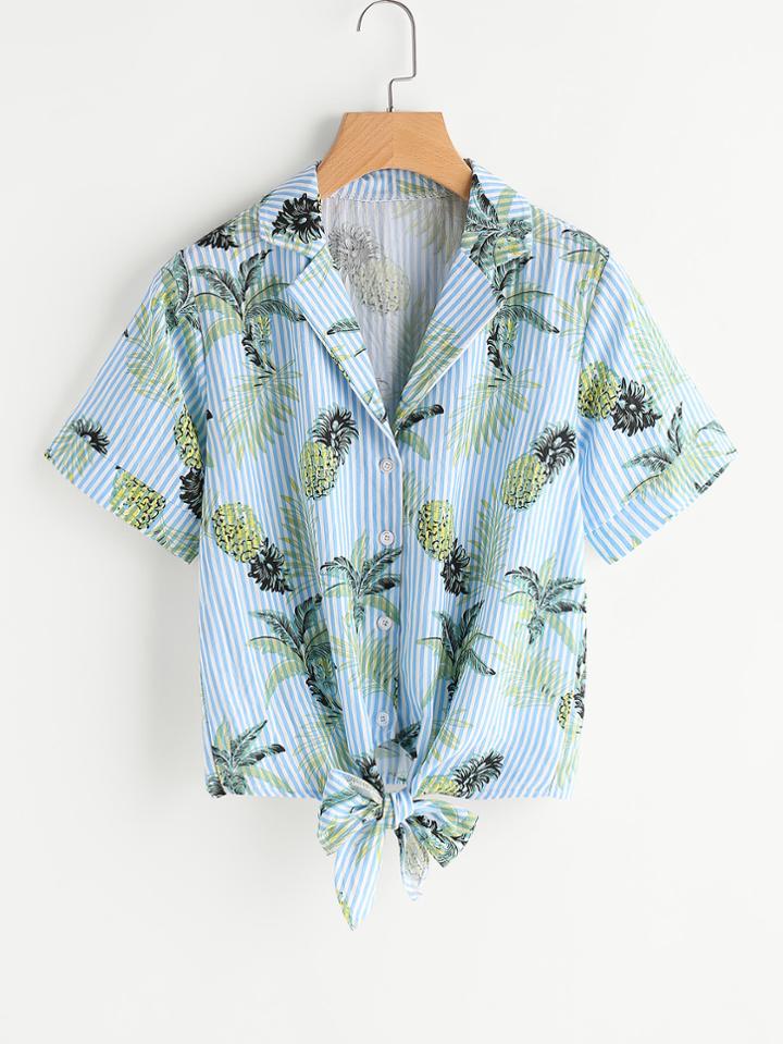 Shein Vertical Striped Tropical Print Revere Collar Knotted Shirt
