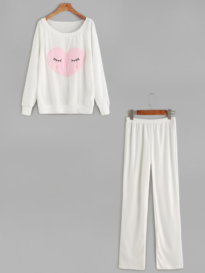 Shein White Raglan Sleeve Embroidered Sweatshirt With Pants