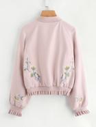 Shein Raglan Sleeve Frill Trim Embroidered Bomber Jacket