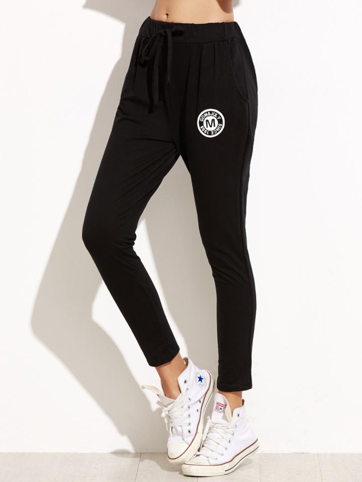 Shein Black Badge Print Drawstring Pants