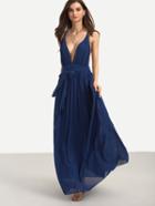 Shein Navy V Neck Tie Waist Sleeveless Maxi Dress