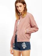 Shein Pink Ribbed Trim Button Up Cord Bomber Jacket